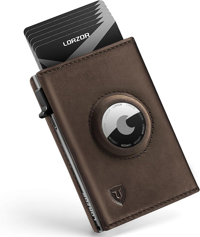 LORZOR AirTag Wallet - Full Grain Leather, Mens Minimalist Wallet with Apple Air Tag Holder, Slim Smart Pop up Card Case, ID Window, RFID Blocking, Front Pocket (AirTag Not Included) - Image 1